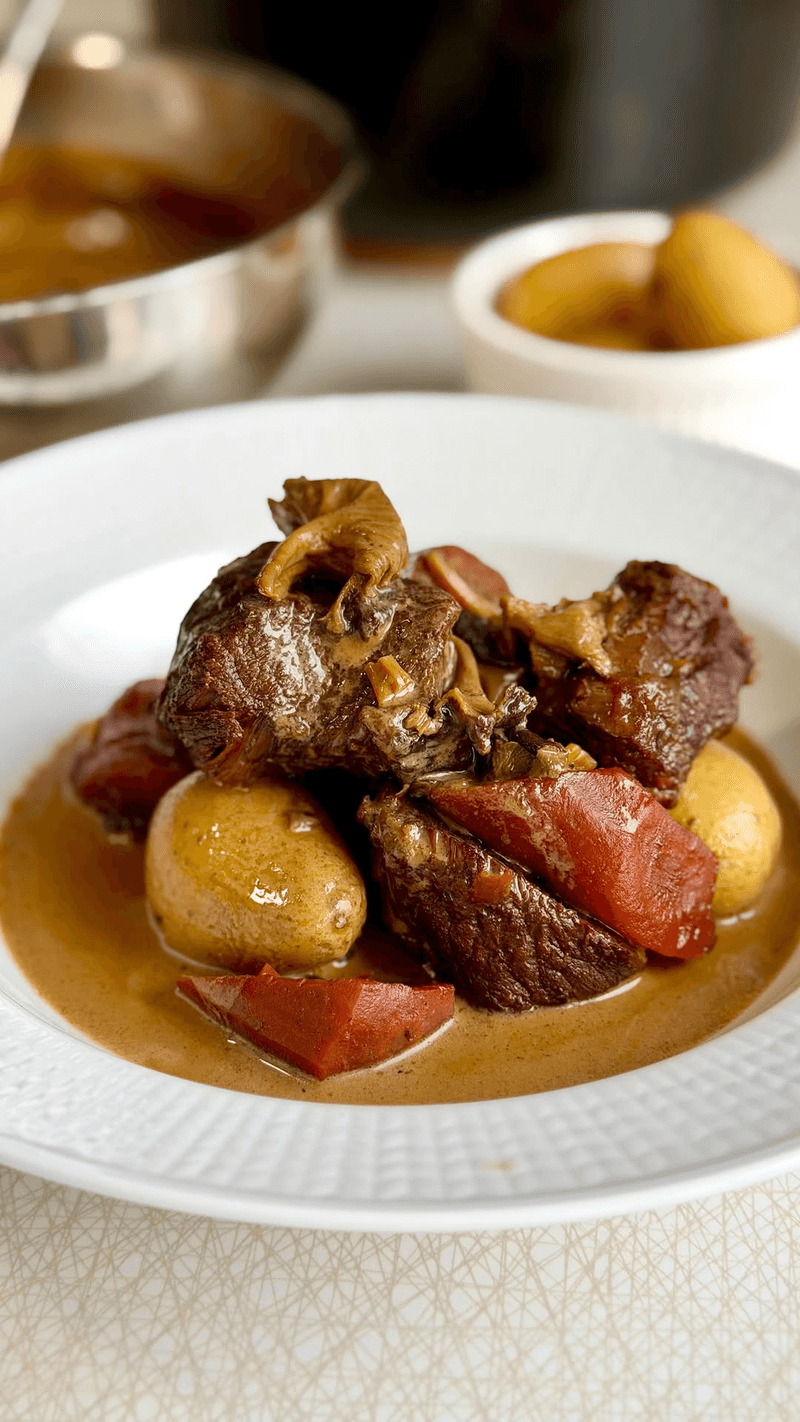 Porter Stew with Juniper and Blackcurrant Cream Sauce